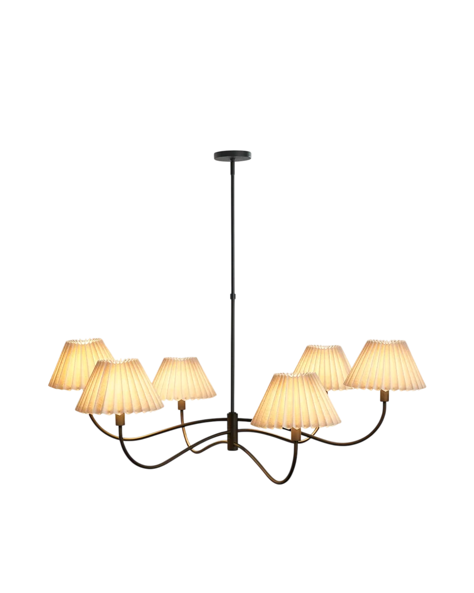 black iron 6-light chandelier with pleated shades