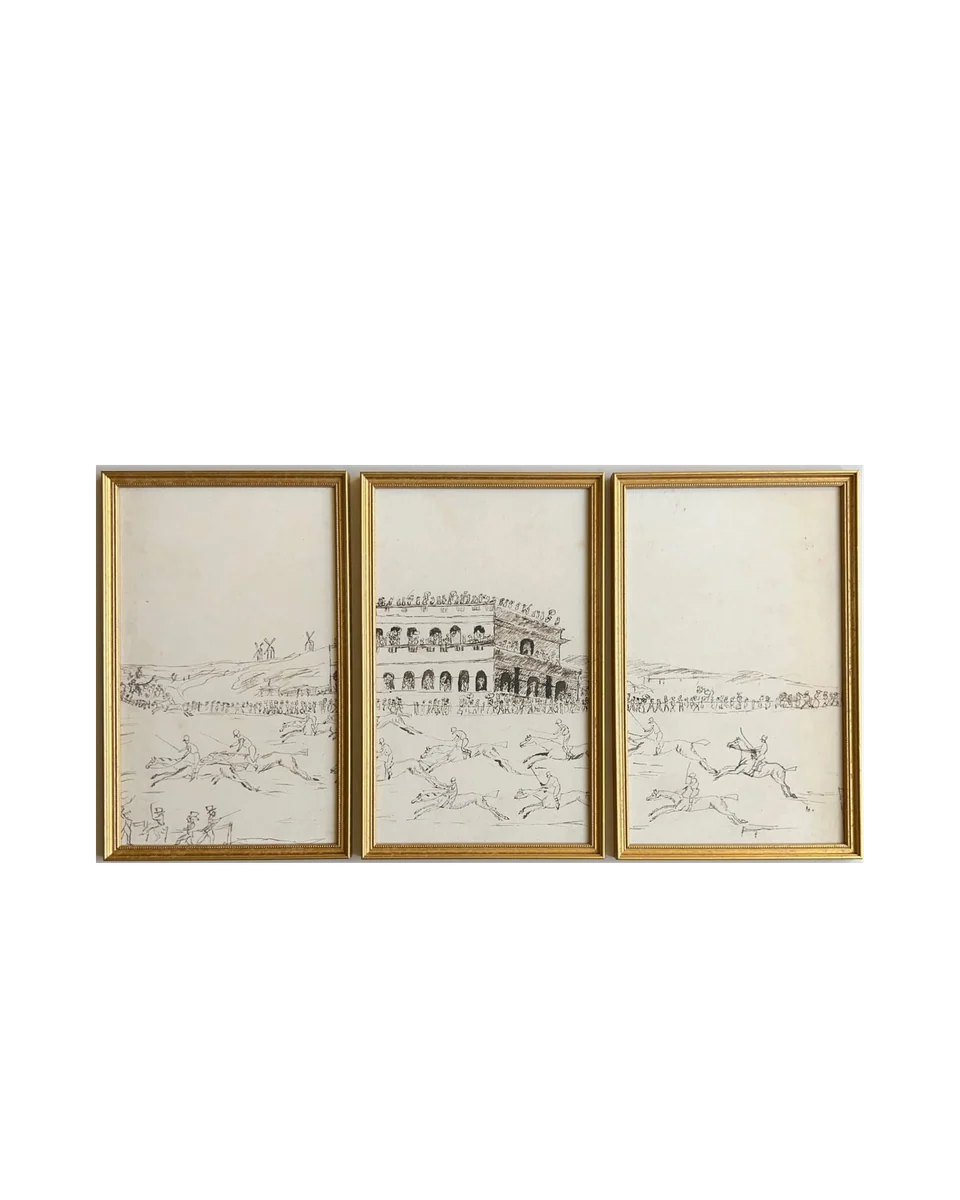 gold frame horse race triptych by Petri Prints