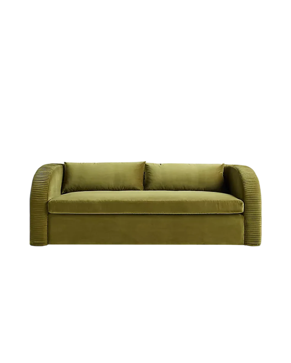 green curved arm sofa bed by Anthropologie