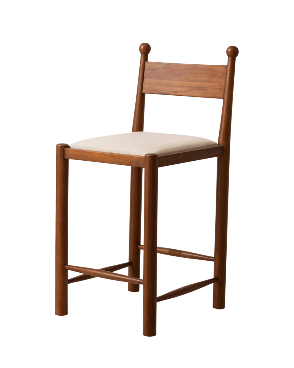 finials teak bar stool in linen by Six The Residence, view 2