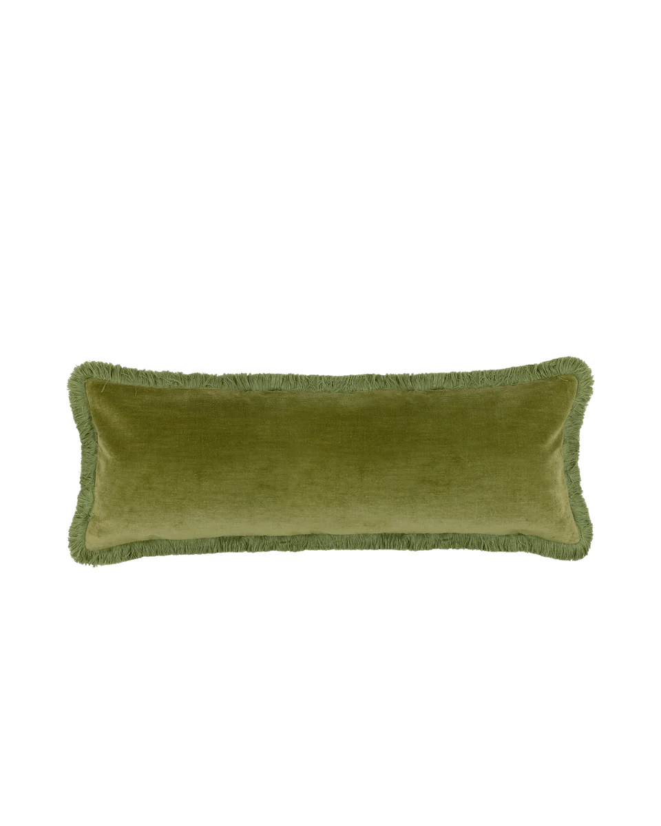 lola brushed fringe linen velvet lumbar cushion, moss by Rebecca Udall