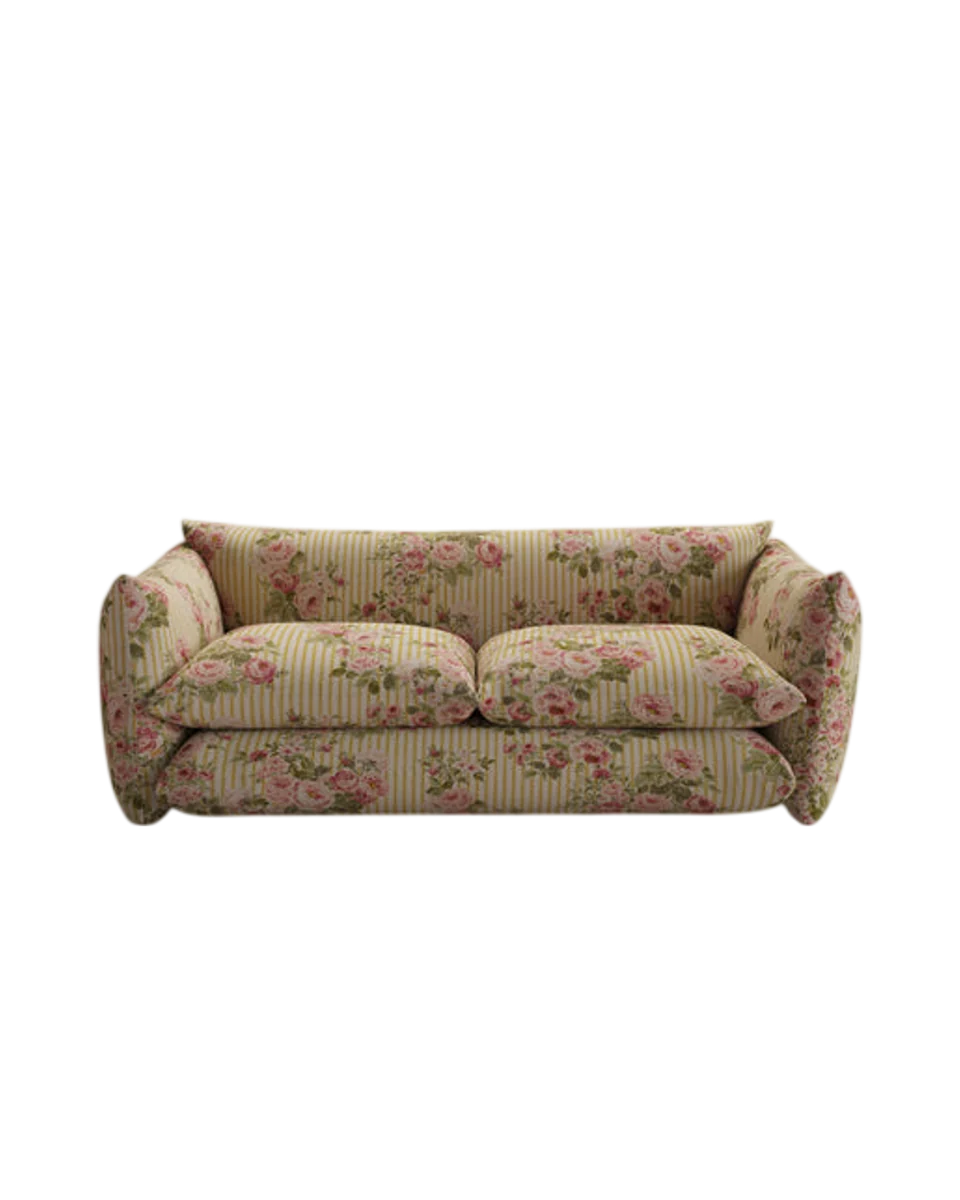 deep floral linen statement sofa in rose by Buchanan Studio