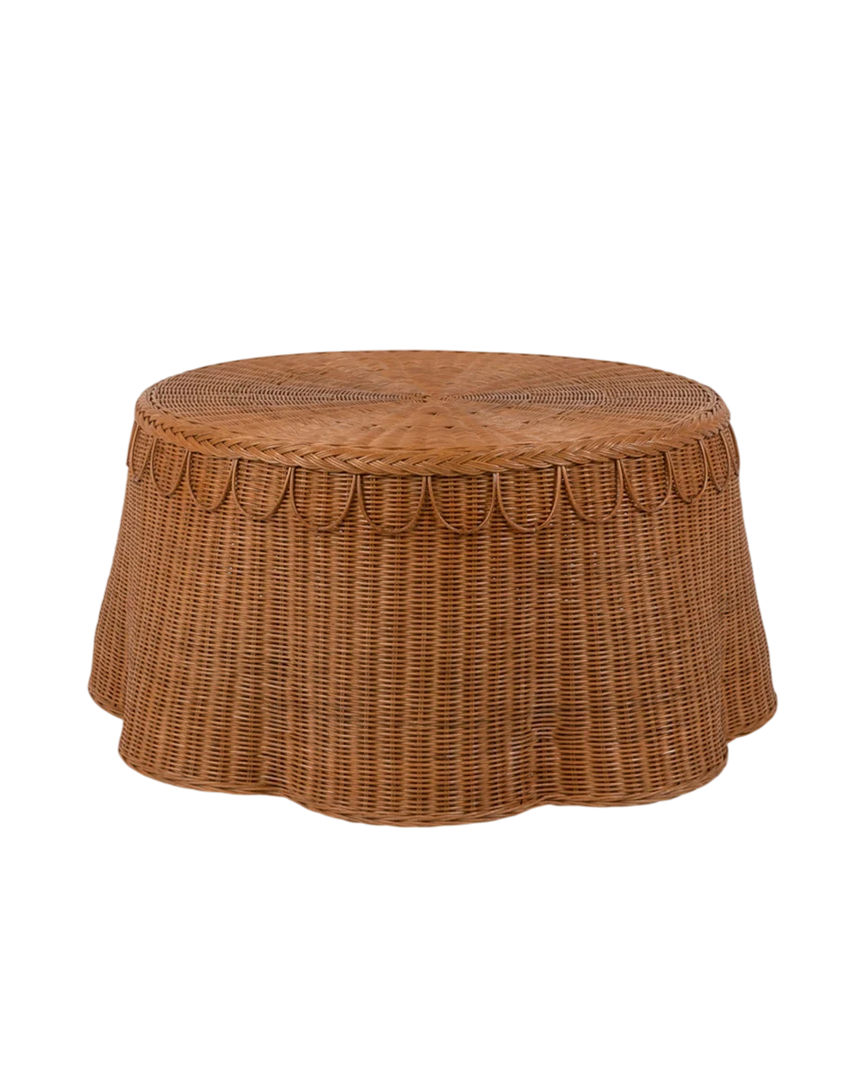 round scalloped rattan coffee table in brown by Sharland England