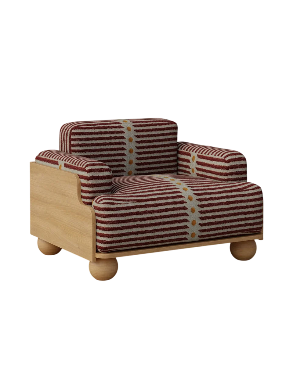 fabric & wood sculptural armchair