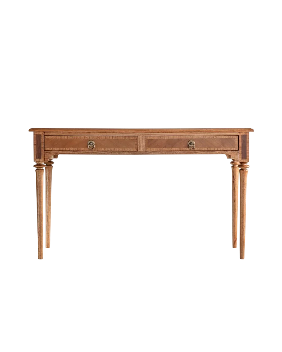 carved wood marquetry desk with two drawers in brown by Perch & Parrow