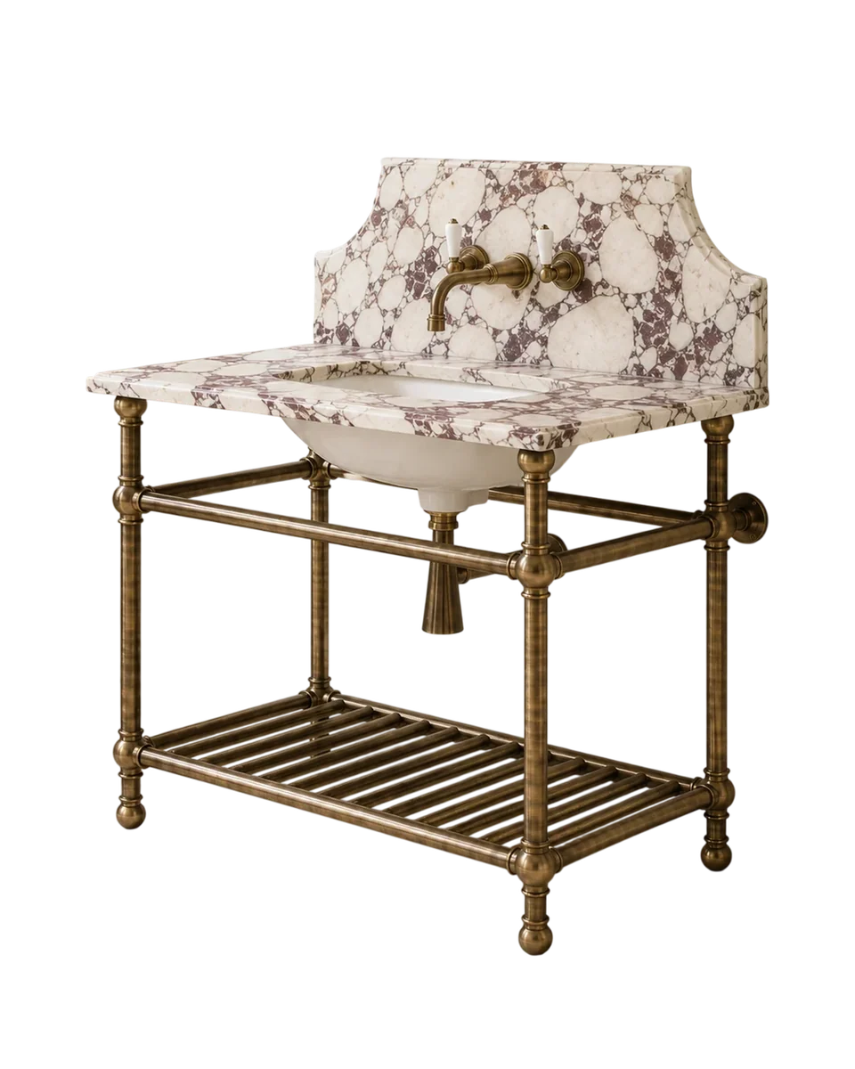 brass washstand with marble and towel rack