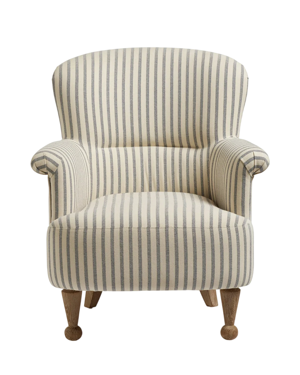 striped linen scroll arm armchair in sapphire by OKA