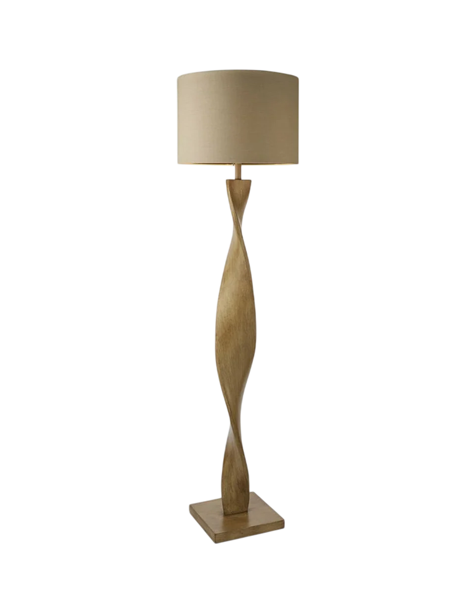 oak-effect nordic floor lamp with linen lampshade in brown by Perch and Parrow