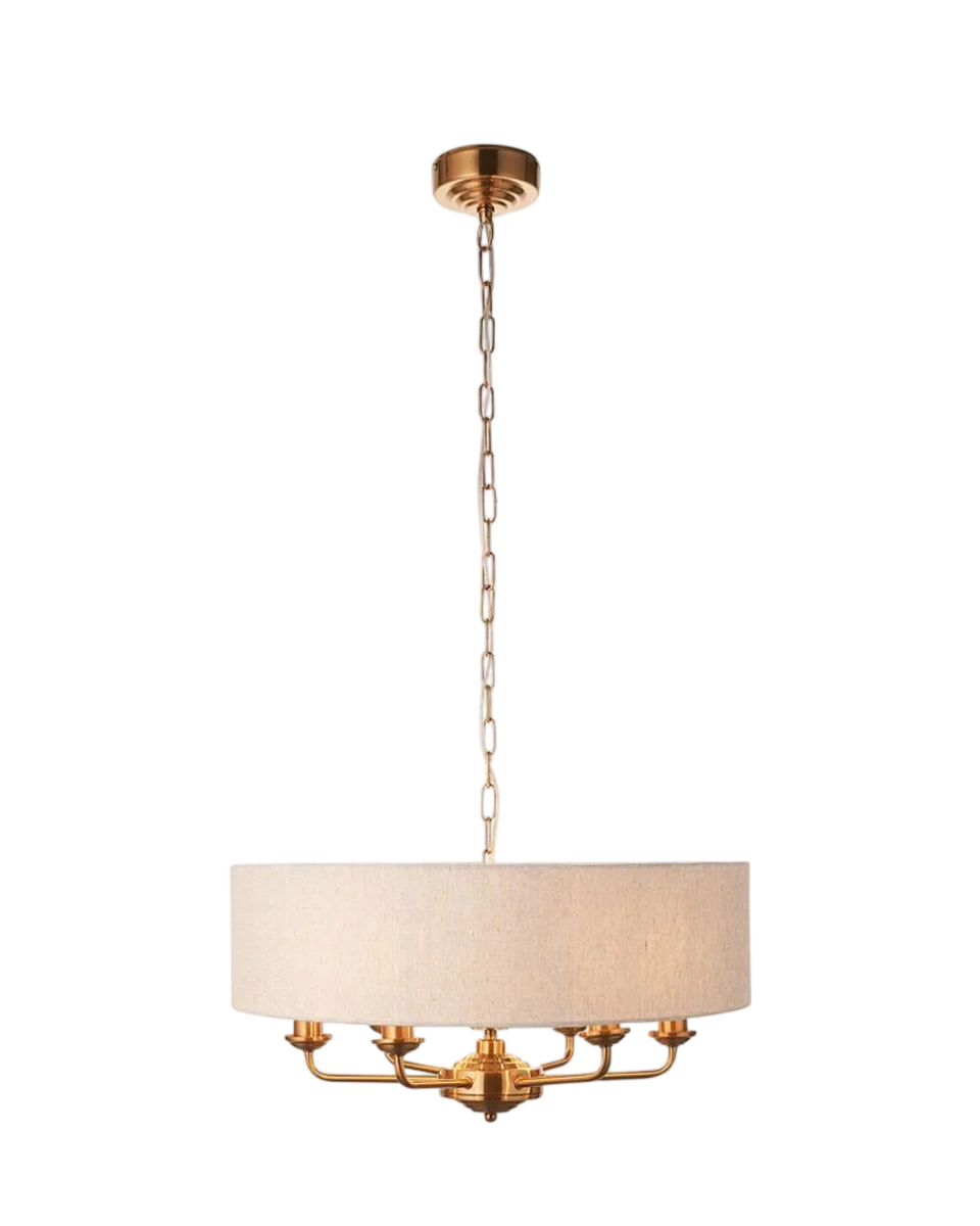 brass plated 6-light pendant with linen lampshade by Perch and Parrow
