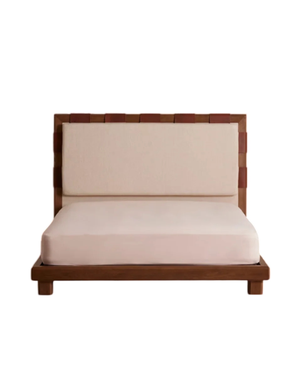 leather and linen headboard bedframe