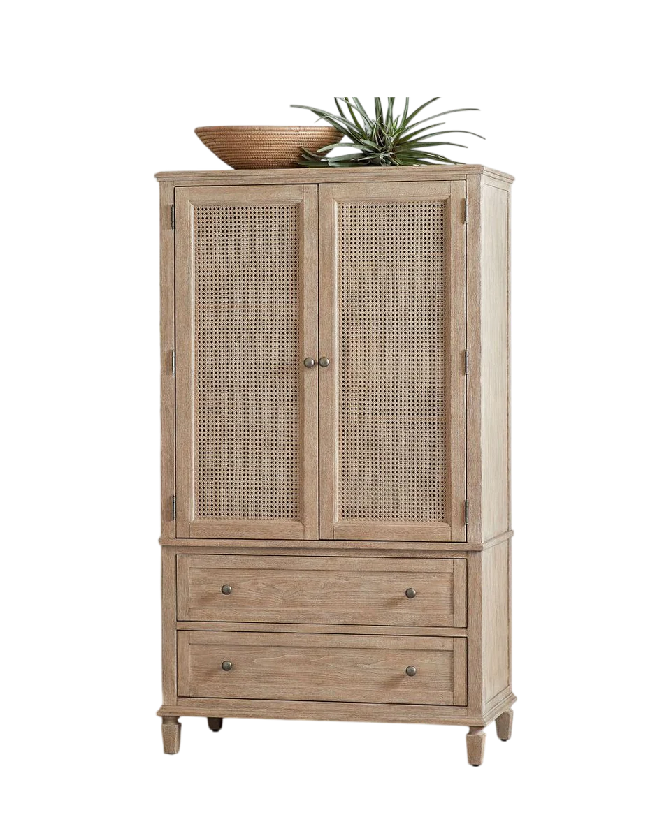 wood and cane armoire in seadrift by Pottery Barn