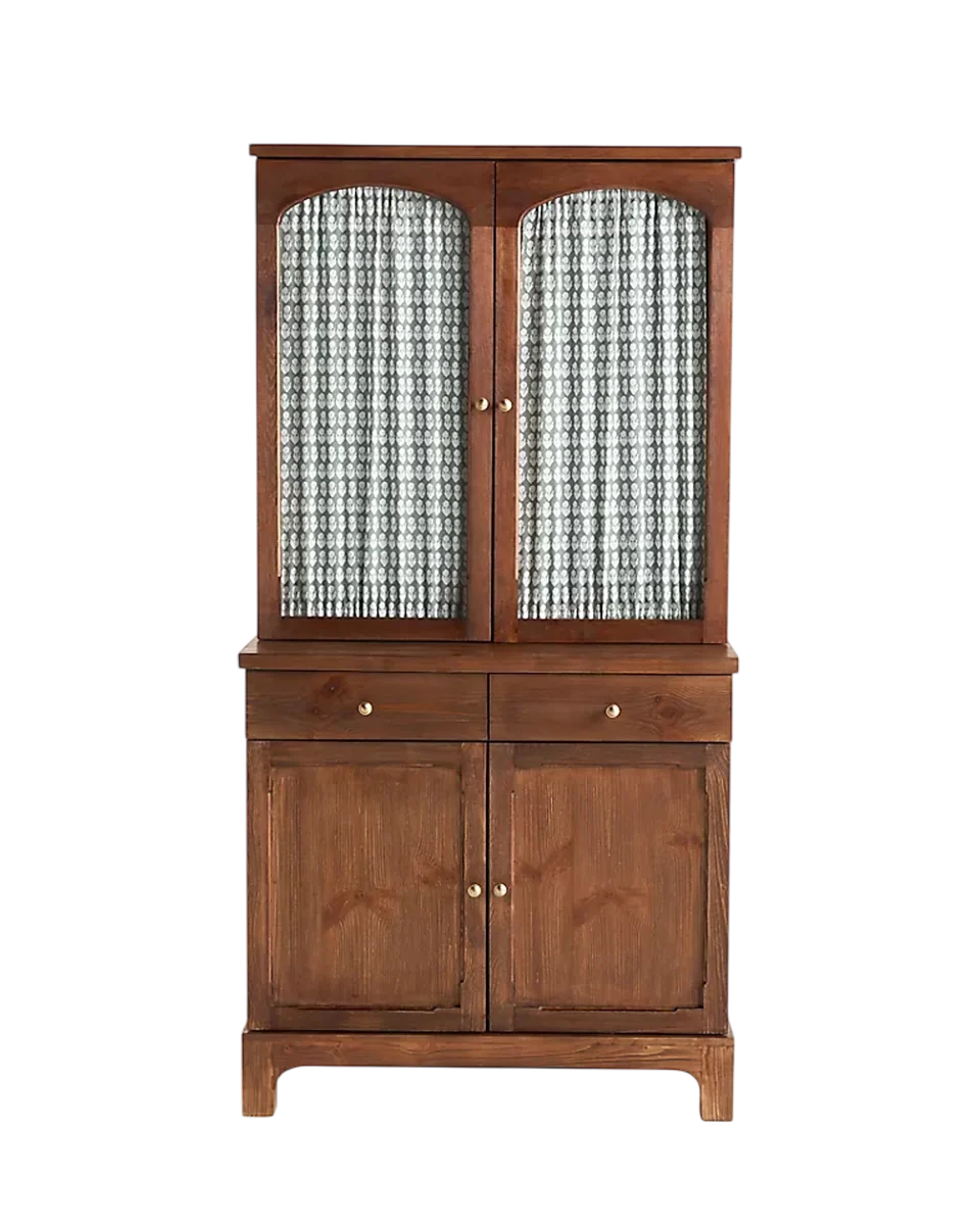 dark wood curtained cabinet by Anthropologie