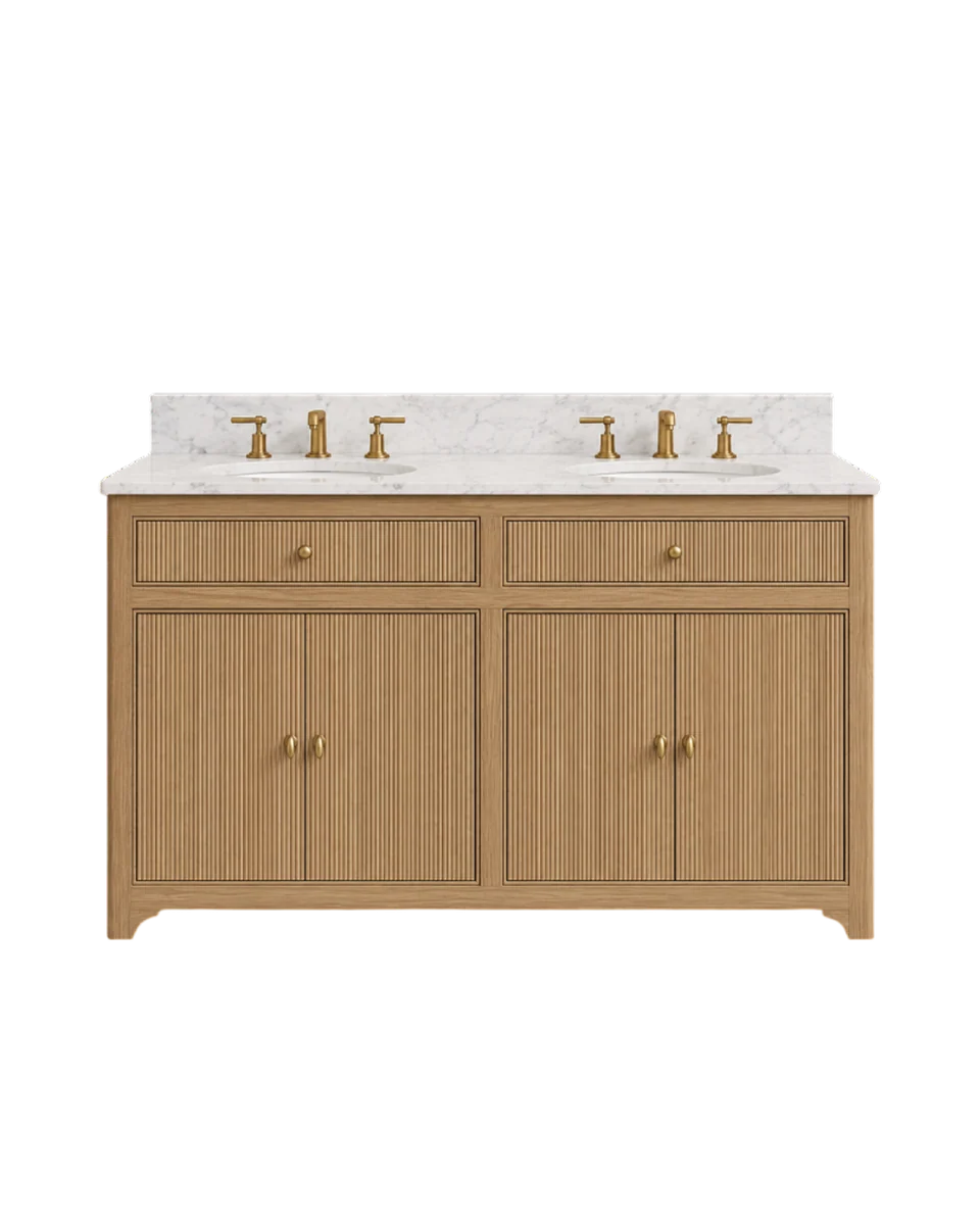 oak reeded marble top double vanity by Parker Howley, view 2