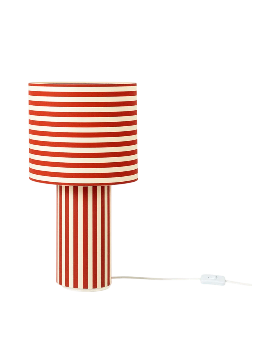 striped fabric table lamp with illuminated base in raie black by Heal's
