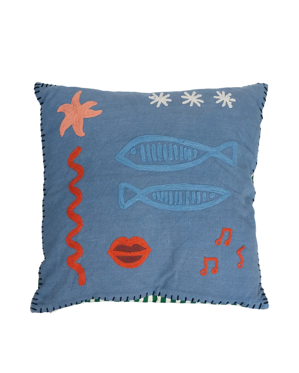blue fish embroidered cushion by Amuse La Bouche, view 3