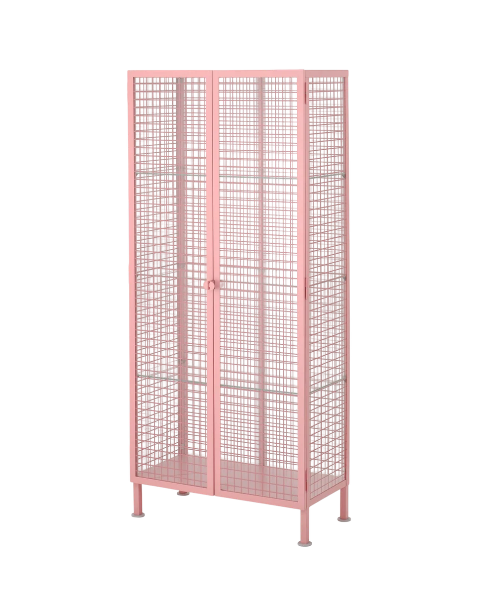 pink glass-door display cabinet in pink by IKEA